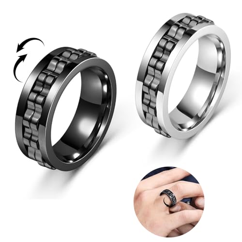 truee 2 Stück Fidget Ring, Drehbarer Anti Stress Ring in Schwarz und Silber, Stressabbau und Anti-Angst-Ringe, 8 mm, Polierte Schwere Zappelringe, Geschenk für Männer und Frauen von truee