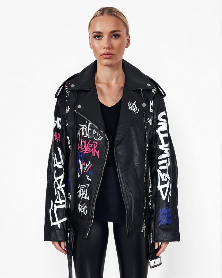 trueprodigy Lederjacke Anya Graffitiprint,asymmetrischer Reißverschluss und Reverskragen von trueprodigy