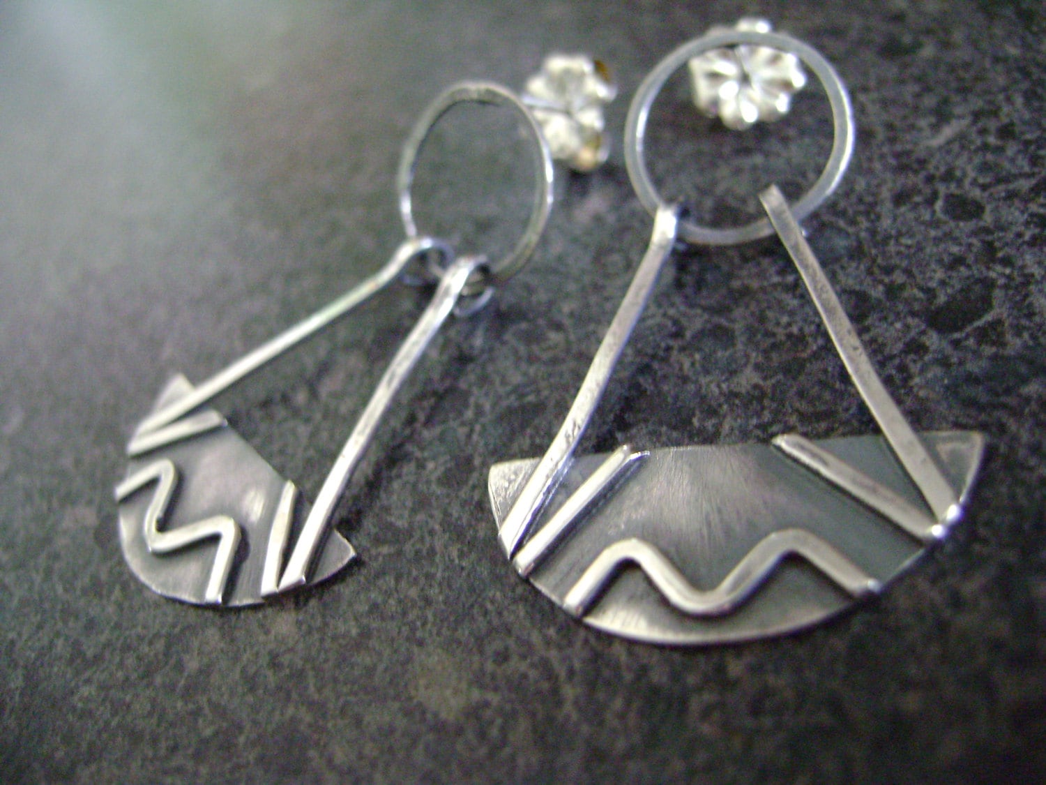 Elements - Silber Ohrringe, Sterling Abstrakte Truform Meer, Berge, Sonne Handgeschmiedet, Baumeln Handwerker Schmuck von truformjewelry