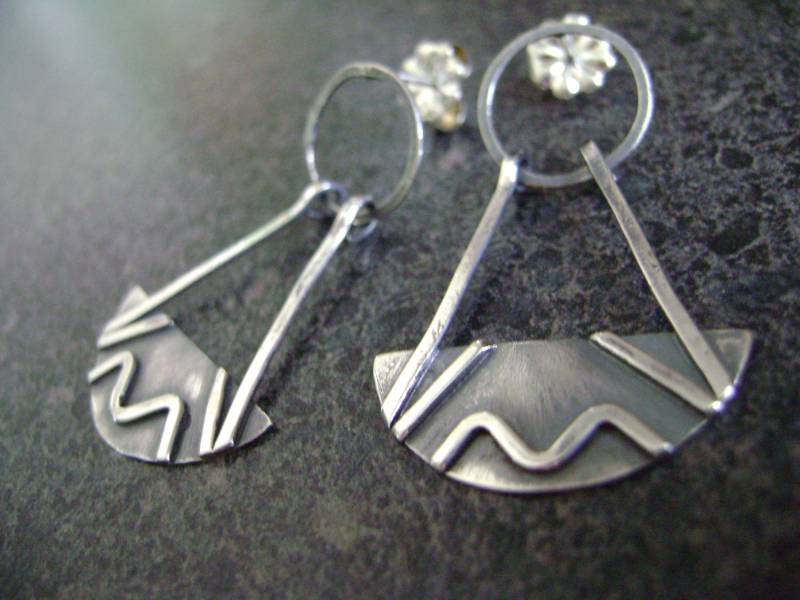 Elements - Silber Ohrringe, Sterling Abstrakte Truform Meer, Berge, Sonne Handgeschmiedet, Baumeln Handwerker Schmuck von truformjewelry