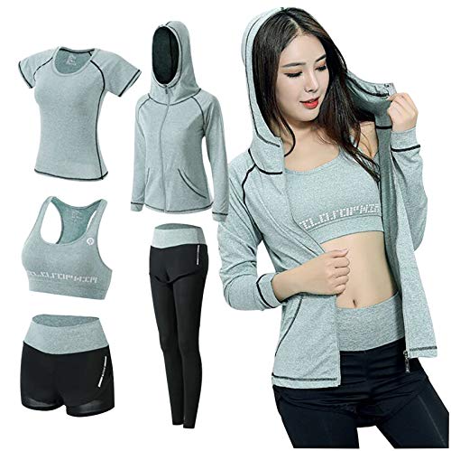 5 Teiliges Yoga Set S-3XL Sommer Sport Sonnenschutz Set Yoga Tops Weste Sport Shorts Kapuze Langarm Tunika Jacke Blousen Lange Hose Training Running Gym Herbst Winter Fitness FüR Teenager MäDchen von tsaChick