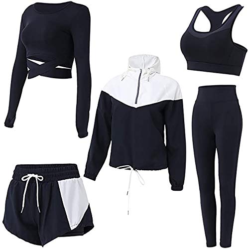 5 Teiliges Yoga Set S-3XL Sommer Sport Sonnenschutz Set Yoga Tops Weste Sport Shorts Kapuze Langarm Tunika Jacke Blousen Lange Hose Training Running Gym Herbst Winter Fitness FüR Teenager MäDchen von tsaChick
