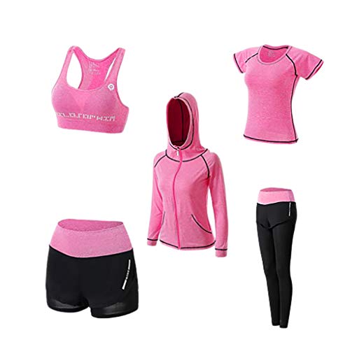 5 Teiliges Yoga Set S-3XL Sommer Sport Sonnenschutz Set Yoga Tops Weste Sport Shorts Kapuze Langarm Tunika Jacke Blousen Lange Hose Training Running Gym Herbst Winter Fitness FüR Teenager MäDchen von tsaChick