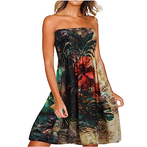 Abschlusskleid Lang Elegant Damen Boho Kleid Bandeau Sommerkleid Elegant Kurz Freizeitkleid Trägerlos Ärmellos Party Strandkleid Cocktailkleid Blumen Druck Minikleid Stretch Hohe Taille Faltenkleid von tsaChick