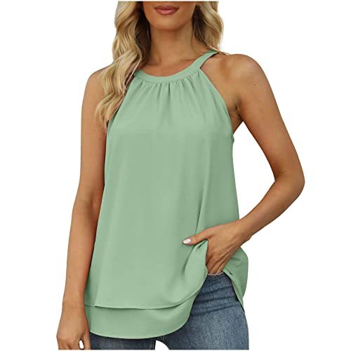 Bluse Damen Einfarbig Chiffon Tops Neckholder Sommer Weste Doppellagiges Camisole Top Solide Gerafftes ärmelloses Top Halter Tank Tops Bluse für Teenager Mädchen Hoher Hals Ärmellos Oberteile von tsaChick