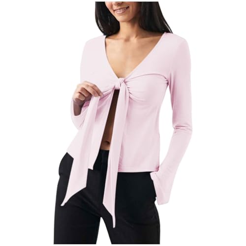 Blusen Damen Bell Langarm Oberteil Slim Fitted V Ausschnitt Top Sommer Outfits Damen Crop T Shirt Y2K Streetwear Hemd Sexy Bow Tie Up Open Front Bluse Tunika von tsaChick