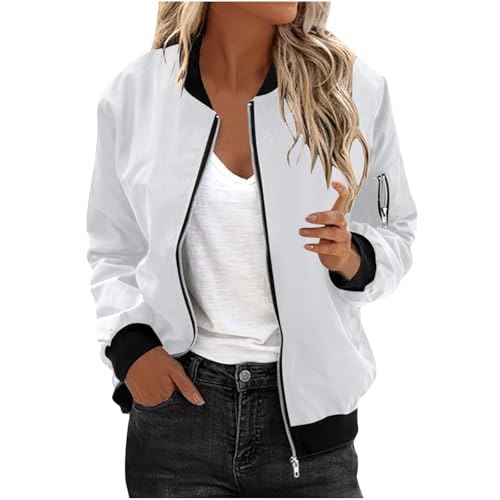 Bomberjacke Damen Leichte Sommerjacke Regenjacke Damen Wasserdicht Kurze Blouson Jacke Casual Pilotenjacke Langarm übergangsjacke Outwear Zip Up Solid Jacke Frühling Sweatjacke Coat von tsaChick