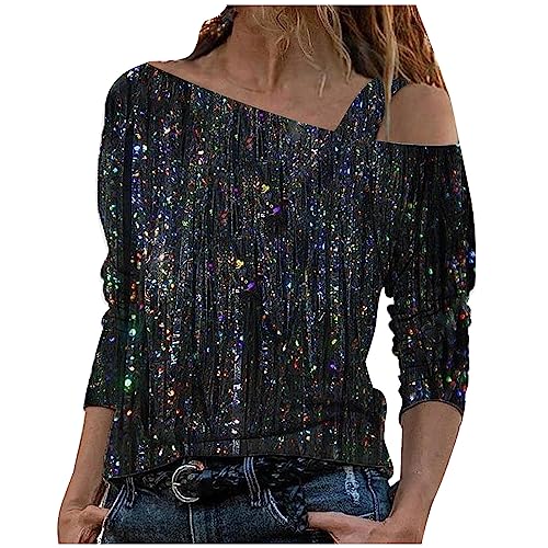 Cold Shoulder Kleid mädchen, t Shirt Damen lang bunt, Damen t-Shirt 100 Baumwolle Langarm, Langarmshirt Damen weiß Blickdicht, Black XXL 42 von tsaChick