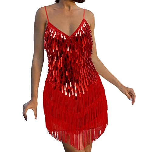 Damen 1920er Abendklied Cocktailkleid Cami Pailletten Sequin Tassel Bodycon Spaghetti Ballkleider Coco Great Gatsby Party Vintage Retro MiniKleid Flapper ärmellos solide promkleid von tsaChick