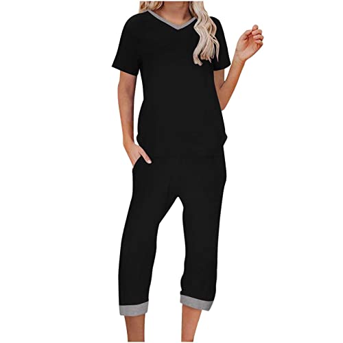 tsaChick Damen 2 Teiliges Kurzarm T-Shirt 7 Teiliges Hosen Set Einfarbig Blumendruck Optional LäSsiges Top Hosen Suit Outfits Sets Rundhalsausschnitt Bluse Taschen Wadenhose FüR Teenager MäDchen von tsaChick