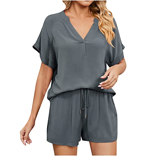 Damen Bluse 2 Teiliges Kurzarm Top Shorts Set Einfarbig V-Ausschnitt Pyjama Set Locker Kurzarm Top mit Kordelzug Taschen Kurze Hosen Solide Bequemes Hemd Bluse für Teenager Mädchen von tsaChick