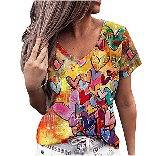 Damen Bluse S-3XL Lockeres T-Shirt Bunter Herz Liebe Druck Sexy Kurzarm Shirt Sommer Tops Lässiges T-Shirt mit tiefem V-Ausschnitt Frauen Mode Schlank Kurzarm Oberteile für Teenager Mädchen von tsaChick