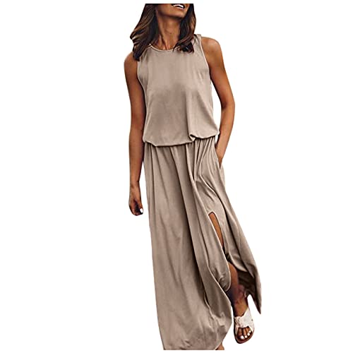 Damen Casual Kleid Sommer Ärmellos Sommerkleid Schlitztasche S-XXL Elegant Rundhals Einfarbig Maxi Strandkleid A Linie Lange Kleider Frauen Maxikleider Boho Kleid Freizeitkleid Businesskleid von tsaChick