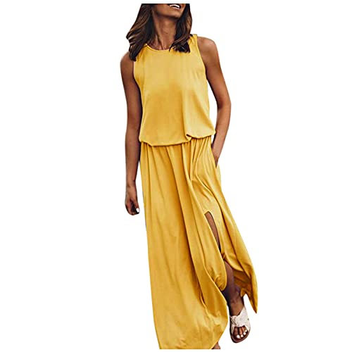 Damen Casual Kleid Sommer Ärmellos Sommerkleid Schlitztasche S-XXL Elegant Rundhals Einfarbig Maxi Strandkleid A Linie Lange Kleider Frauen Maxikleider Boho Kleid Freizeitkleid Businesskleid von tsaChick