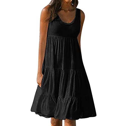 Damen Casual Loose Sundress Langes Kleid Ärmellos Split Maxikleider Sommer Strandkleid mit Taschen Sommerkleid Langarm mädchen Black XXXL 44 von tsaChick