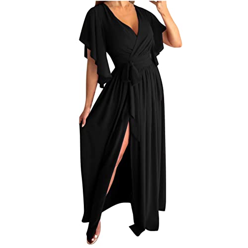 Damen Elegantes Seitenschlitz Abendkleid Solide Ausgestellten äRmeln Kurzarm Niedrig Geschnittene Taille GüRtel Bodenlang Ballkleid Einfarbig V-Ausschnitt Cocktailkleid Partykleid Frauen MäDchen von tsaChick