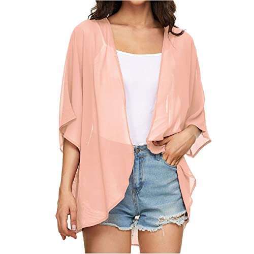 Damen Jacke Sommer Cardigan Solid Puff Sleeve Kimono Cardigan Loose Chiffon Cover Up Casual Bluse Tops &J3887 von tsaChick