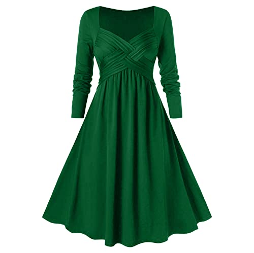 Damen Langarm Vintage Swing Kleid Gericht Gothic BüSte Crossover Quadratischen Hals Plissiert GroßEn Rock Unterhalb Der Knie Renaissance Midi Kleid Solide Mittelalterlichen Kleid Frauen MäDchen von tsaChick