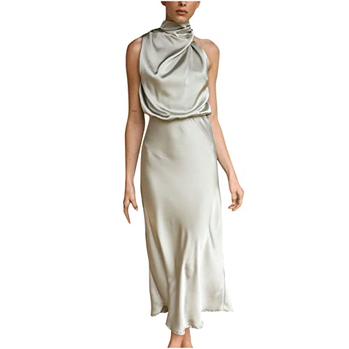 Damen Langes Seidensatin Abendkleid äRmelloses Schal Hals Klein Stehkragen Einfarbig Wrap Hip Ballkleid Elegantes Party Cocktailkleid Solide Ohne Arm Rundhalsausschnitt Wadenlang Langes Kleid von tsaChick