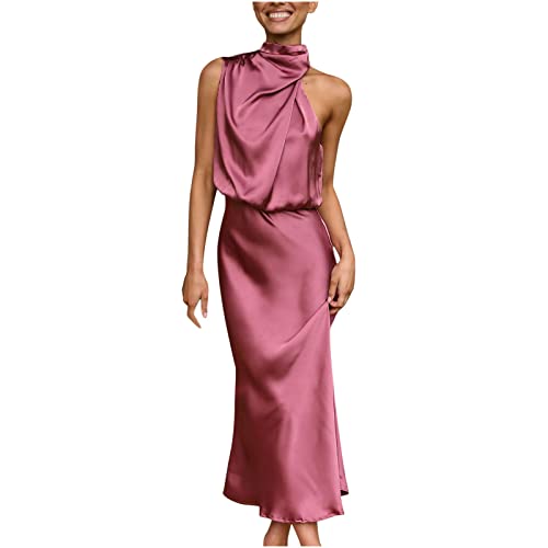 Damen Langes Seidensatin Abendkleid äRmelloses Schal Hals Klein Stehkragen Einfarbig Wrap Hip Ballkleid Elegantes Party Cocktailkleid Solide Ohne Arm Rundhalsausschnitt Wadenlang Langes Kleid von tsaChick