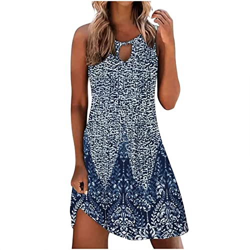 Damen Leichte Sommerkleid V-Ausschnit Swing Tank-Kleid Ärmellos Strandkleid Knielang mit Taschen von tsaChick