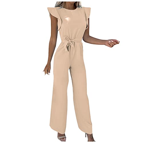 Damen Mode Sommer solide lässig Ruffle Kurze Ärmel Suspender Jumpsuit 3388 Beige 34 von tsaChick