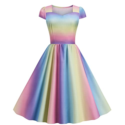 Damen Regenbogenfarben Swing Kleid Abendkleid Vintage Hepburn Style Ultra Kurzarm Rundhalsausschnitt Partykleider Ballkleider Frauen MäDchen Umstandskleider Farbverlauf Breitem Taillensaum von tsaChick