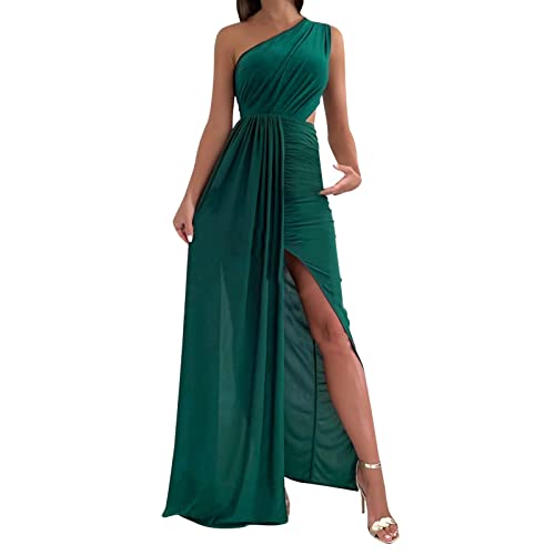 Damen Schalkragen Abendkleid Elegant Eine Schulter Taille Hohle Out KnöChellang Cocktailkleid Solide äRmellos Sexy Hochgeschlitzt Partykleid Einfarbig Langes Kleid Frauen MäDchen Umstandskleider von tsaChick