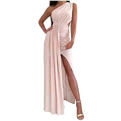 Damen Schalkragen Abendkleid Elegant Eine Schulter Taille Hohle Out KnöChellang Cocktailkleid Solide äRmellos Sexy Hochgeschlitzt Partykleid Einfarbig Langes Kleid Frauen MäDchen Umstandskleider von tsaChick