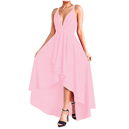 Damen Sexy Sling Abendkleid S-3xl Niedrig Geschnittenes äRmelloses Spaghetti TräGer Gerafftem Rock Wadenlang Prom Partykleid Solide RüCkenfreies Hi-Low Saum Ballkleid Cocktailkleid Frauen MäDchen von tsaChick