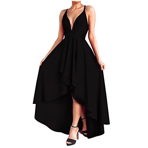 Damen Sexy Sling Abendkleid S-3xl Niedrig Geschnittenes äRmelloses Spaghetti TräGer Gerafftem Rock Wadenlang Prom Partykleid Solide RüCkenfreies Hi-Low Saum Ballkleid Cocktailkleid Frauen MäDchen von tsaChick