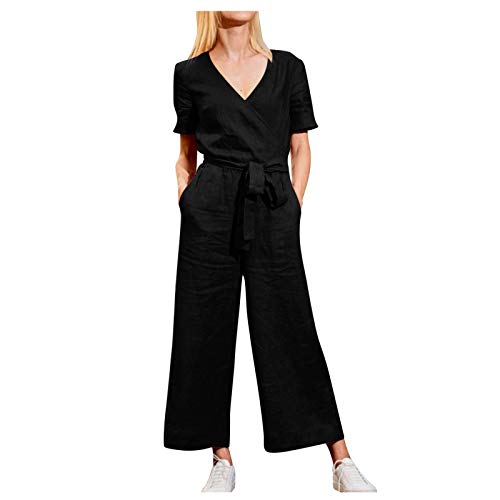 tsaChick Damen Solide Tasche Romper Kurzarm V-Ausschnitt Gürtel Lose Overalls Jumpsuit 2651 Black 40 von tsaChick