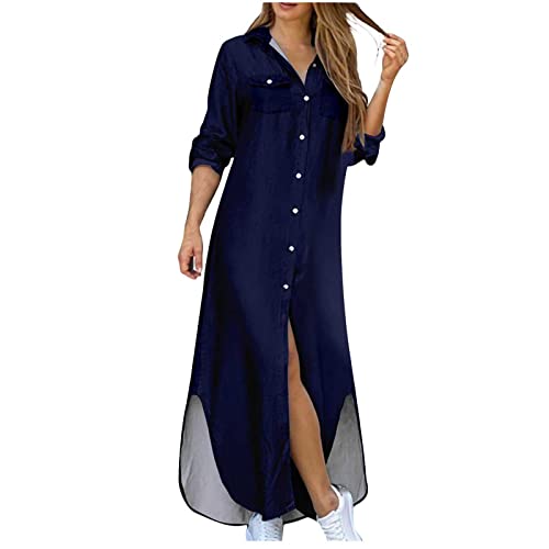 Damen Sommerkleid 3/4-äRmel Shirt Kleid S-5XL Langarm Revers Knopfleiste Hemdkleid Solide LäSsig Langes Kleid Schlitz UnregelmäßIger Saum Streetwear Art Photo Umlegekragen Kleid Frauen MäDchen von tsaChick