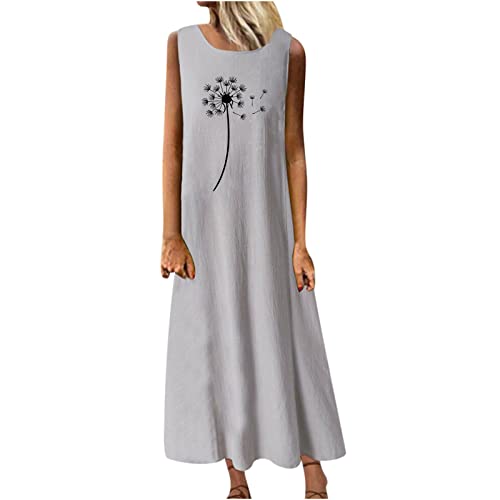 Damen Sommerkleid Baumwoll Leinen Tankkleid Maxikleid S-3XL äRmelloses Rundhals Casual Holiday Schmetterling LöWenzahn Bedruckte Leinen Langes Kleid KnöChellang Freizeitkleid MäDchen Umstandskleider von tsaChick