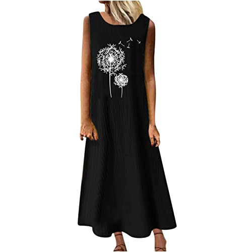 Damen Sommerkleid Baumwoll Leinen Tankkleid Maxikleid S-3XL äRmelloses Rundhals Casual Holiday Schmetterling LöWenzahn Bedruckte Leinen Langes Kleid KnöChellang Freizeitkleid MäDchen Umstandskleider von tsaChick