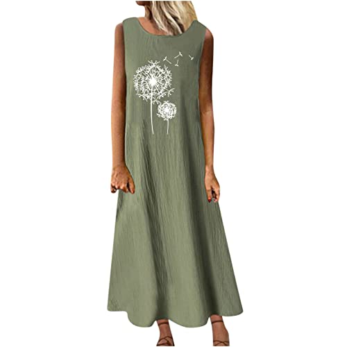 Damen Sommerkleid Baumwoll Leinen Tankkleid Maxikleid S-3XL äRmelloses Rundhals Casual Holiday Schmetterling LöWenzahn Bedruckte Leinen Langes Kleid KnöChellang Freizeitkleid MäDchen Umstandskleider von tsaChick