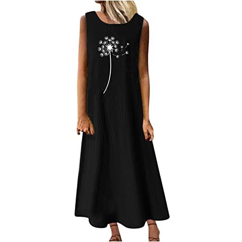 Damen Sommerkleid Baumwoll Leinen Tankkleid Maxikleid S-3XL äRmelloses Rundhals Casual Holiday Schmetterling LöWenzahn Bedruckte Leinen Langes Kleid KnöChellang Freizeitkleid MäDchen Umstandskleider von tsaChick