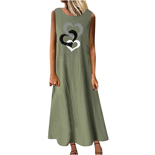 Damen Sommerkleid Baumwolle Leinen Tankkleid Bedrucktes Maxikleid S-3XL äRmellose Rundhalsausschnitt Lose KnöChellange Freizeitkleid Strandkleid LöWenzahn Liebe Herz Drucken Casual Frauen MäDchen von tsaChick