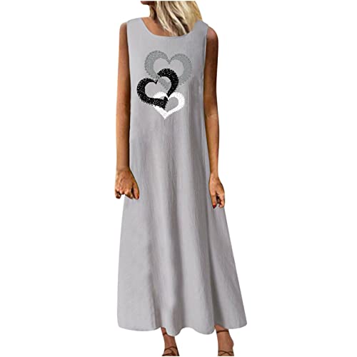 Damen Sommerkleid Baumwolle Leinen Tankkleid Bedrucktes Maxikleid S-3XL äRmellose Rundhalsausschnitt Lose KnöChellange Freizeitkleid Strandkleid LöWenzahn Liebe Herz Drucken Casual Frauen MäDchen von tsaChick