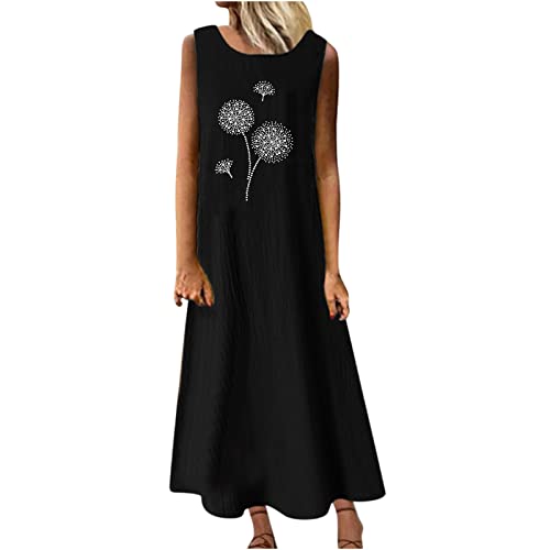 Damen Sommerkleid Baumwolle Leinen Tankkleid Bedrucktes Maxikleid S-3XL äRmellose Rundhalsausschnitt Lose KnöChellange Freizeitkleid Strandkleid LöWenzahn Liebe Herz Drucken Casual Frauen MäDchen von tsaChick