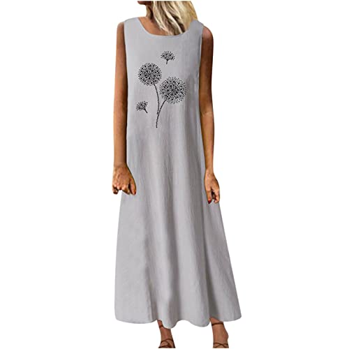 Damen Sommerkleid Baumwolle Leinen Tankkleid Bedrucktes Maxikleid S-3XL äRmellose Rundhalsausschnitt Lose KnöChellange Freizeitkleid Strandkleid LöWenzahn Liebe Herz Drucken Casual Frauen MäDchen von tsaChick