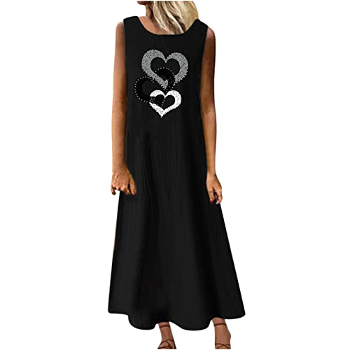 Damen Sommerkleid Baumwolle Leinen Tankkleid Bedrucktes Maxikleid S-3XL äRmellose Rundhalsausschnitt Lose KnöChellange Freizeitkleid Strandkleid LöWenzahn Liebe Herz Drucken Casual Frauen MäDchen von tsaChick