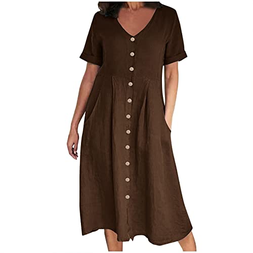 Damen Sommerkleid GrößE GrößEn Baumwoll Leinen Kleid S-5XL Taschen Kurzarm Locker GeknöPftes V-Ausschnitt Knielang Freizeitkleid Solide Casual Urlaub Leinen Langes Kleid Frauen Umstandskleider von tsaChick