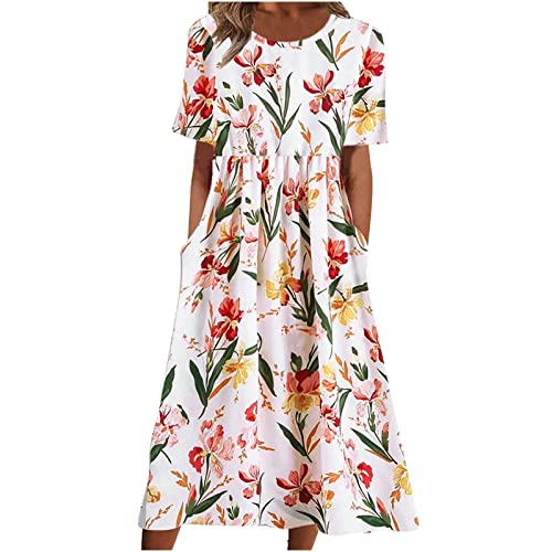 Damen Sommerkleid Hoher Taille Kurzarm Blumenkleid Taschen LäSsiges Rundhalsausschnitt Casual Holiday Florals Bedrucktes Strandkleid Maxikleid Lockeres Wadenlanges Freizeitkleid Frauen MäDchen von tsaChick