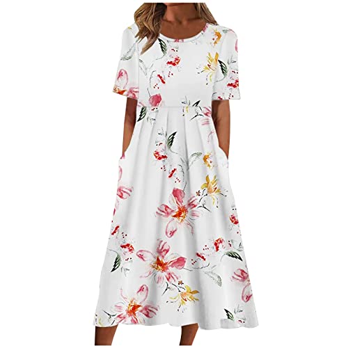 Damen Sommerkleid Hoher Taille Kurzarm Blumenkleid Taschen LäSsiges Rundhalsausschnitt Casual Holiday Florals Bedrucktes Strandkleid Maxikleid Lockeres Wadenlanges Freizeitkleid Frauen MäDchen von tsaChick