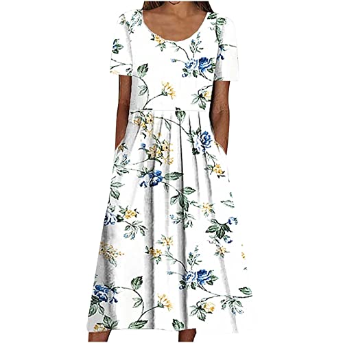 Damen Sommerkleid Hoher Taille Kurzarm Blumenkleid Taschen LäSsiges Rundhalsausschnitt Casual Holiday Florals Bedrucktes Strandkleid Maxikleid Lockeres Wadenlanges Freizeitkleid Frauen MäDchen von tsaChick