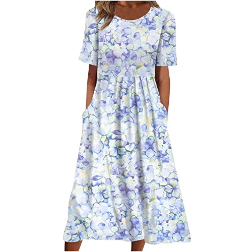 Damen Sommerkleid Hoher Taille Kurzarm Blumenkleid Taschen LäSsiges Rundhalsausschnitt Casual Holiday Florals Bedrucktes Strandkleid Maxikleid Lockeres Wadenlanges Freizeitkleid Frauen MäDchen von tsaChick