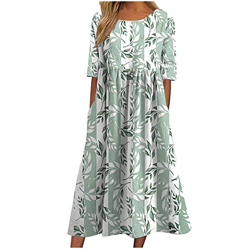 Damen Sommerkleid Hoher Taille Kurzarm Blumenkleid Taschen LäSsiges Rundhalsausschnitt Casual Holiday Florals Bedrucktes Strandkleid Maxikleid Lockeres Wadenlanges Freizeitkleid Frauen MäDchen von tsaChick