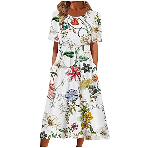 Damen Sommerkleid Hoher Taille Kurzarm Blumenkleid Taschen LäSsiges Rundhalsausschnitt Casual Holiday Florals Bedrucktes Strandkleid Maxikleid Lockeres Wadenlanges Freizeitkleid Frauen MäDchen von tsaChick