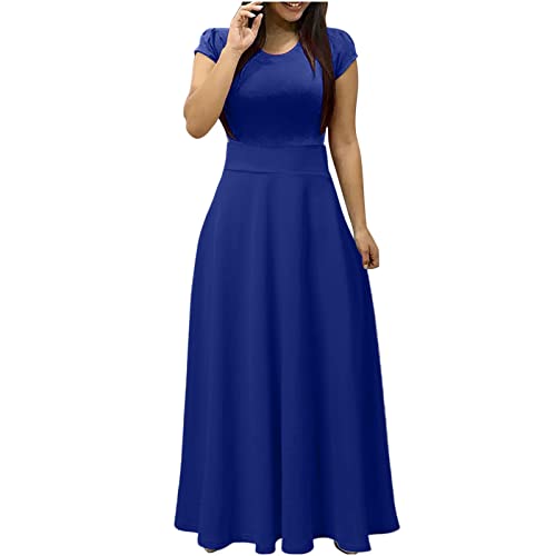 Damen Sommerkleid KurzäRmeliges Maxi Strandkleid Rundhalsausschnitt Skinny Taille GroßEr Rock Swing Kleid Bunte Floral Bedrucktes Langes Kleid Freizeitkleid Ballkleid Frauen MäDchen Umstandskleider von tsaChick